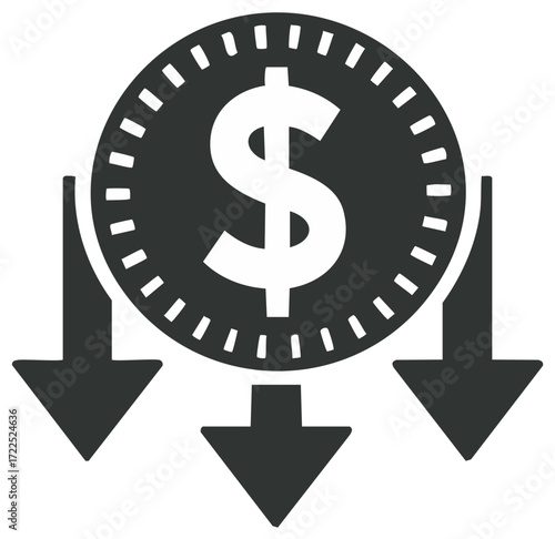 Financial Loss and Economic Recession Icon with Dollar Sign and Decreasing Arrows Vector Graphic