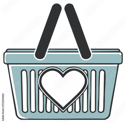 Light Blue Shopping Basket Vector Icon with Heart Symbolizing Favorite Products