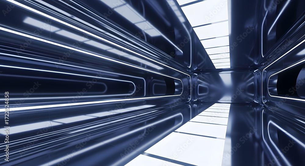 Fototapeta premium Futuristic metallic hallway with glowing lights