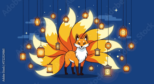 Kitsune nine tailed fox with glowing lanterns.