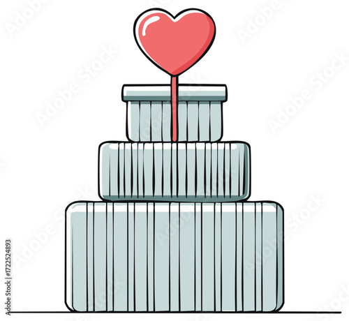 A charming cartoon tiered wedding cake with a glossy red heart topper illustration