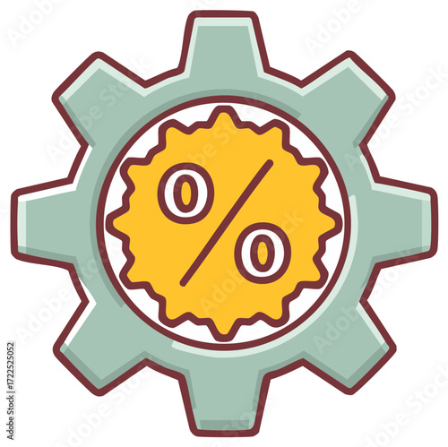 Bright percentage rate inside of a gear wheel represents promotion, discount, or financial interest on loans or stocks