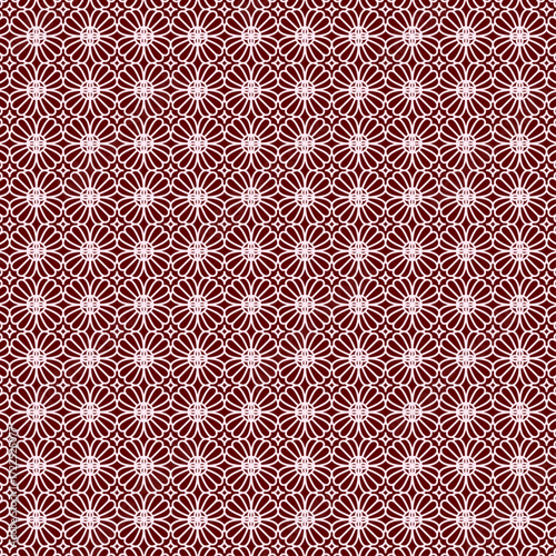 A seamless geometric pattern featuring delicate floral motifs in a deep red and white color scheme, evoking a sense of traditional artistry and sophisticated design