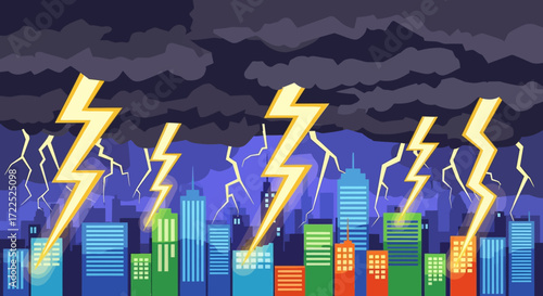 Lightning strikes over city buildings at night.