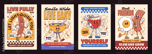 Breakfast food groovy characters posters with cute breakfast retro personages like sausage, cereal bowl, jam jar, bacon, and egg sharing positive messages about living fully, self love and friendship