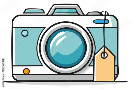 Doodle sketch of a vintage camera with a price tag for commerce or hobby concept