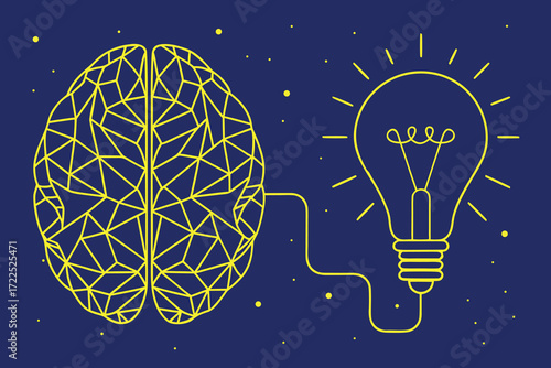 Yellow brain connected to a lit lightbulb on a dark blue background with dots idea thinking