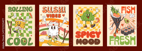 Japanese sushi and rolls groovy characters posters featuring cartoon food personages like rice ball, wasabi and temaki with playful expressions and chopsticks promoting fun, fresh, and flavorful vibes