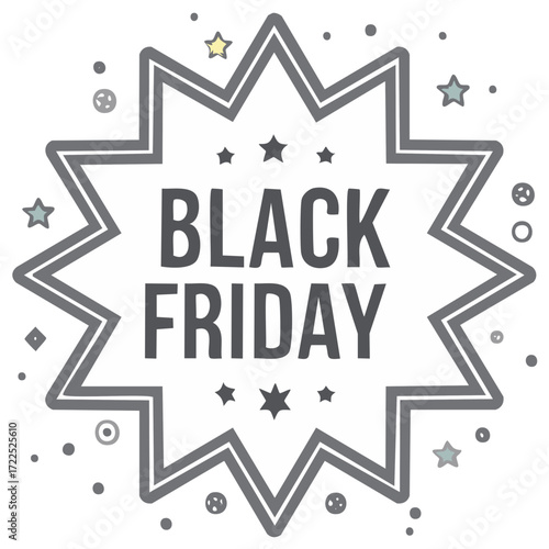 Black Friday Sale text in a modern graphic starburst with festive stars and dots decoration