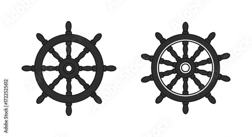 Two black ship wheels illustrated in a simple graphic style