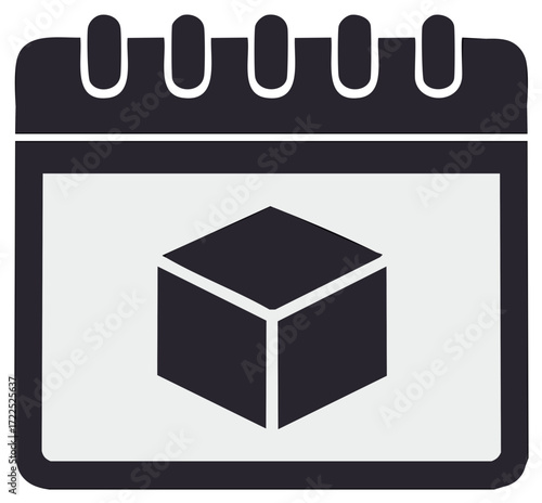 Calendar icon with a cube, scheduled delivery, planning and organization, event reminder.