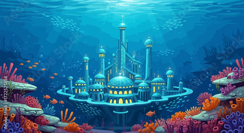 Magnificent underwater castle with intricate architecture and glowing windows.