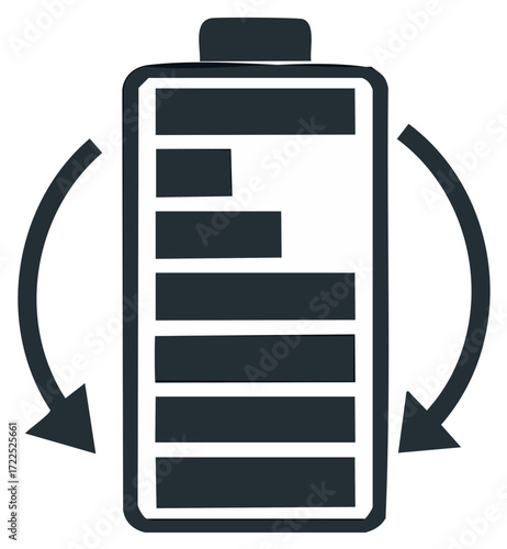 Battery recharge icon with arrows and varying levels, sign of energy or power