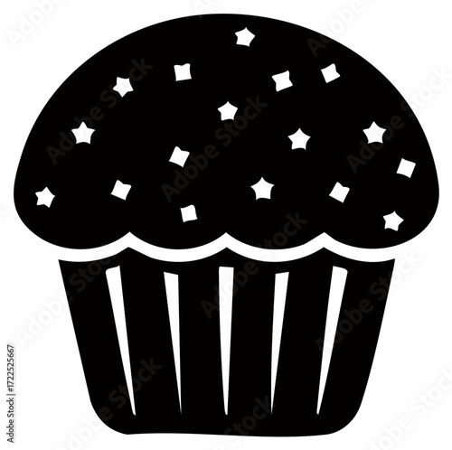 Black and white muffin icon with star and square sprinkles, dessert, bakery