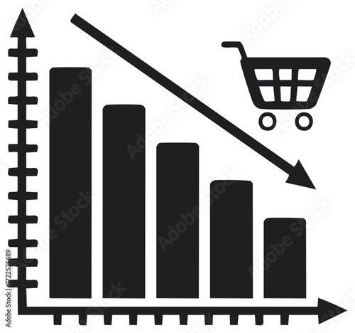 Retail sales decline vector icon with descending bar chart and shopping cart