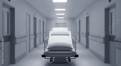 Sterile hospital hallway with empty bed awaits patient care