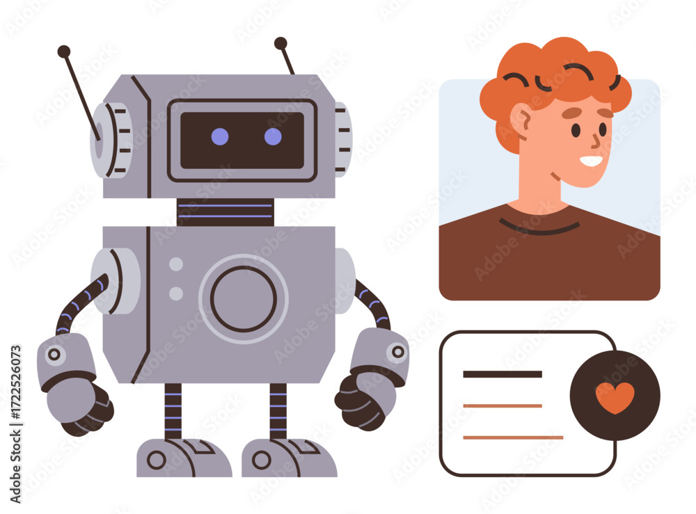 Fototapeta premium Retro-styled robot next to human profile picture and minimal digital interface element with heart icon. Ideal for technology, AI, automation, robotics, user interaction, innovation, future concepts