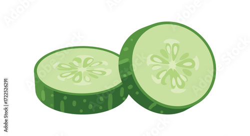 Two slices of fresh green cucumber displayed on a white background