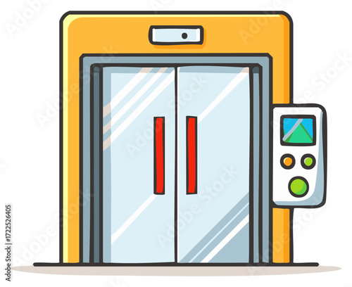 Cartoon Style Elevator with Glass Doors and Control Panel Illustration