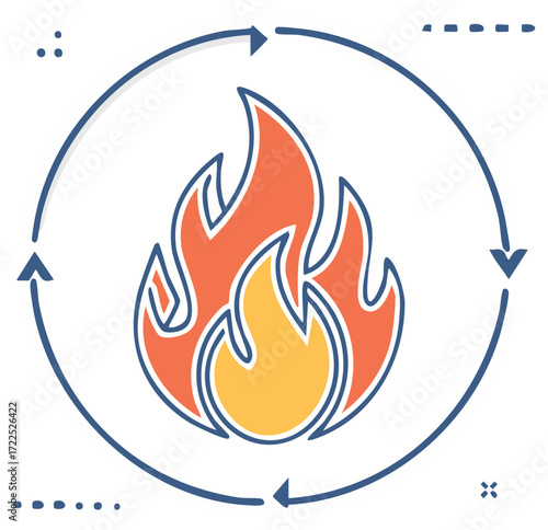 Stylized fire flame icon encircled by continuous arrows representing a power cycle heat or energy process