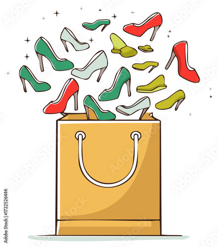 Shopping bag overflows with stylish high heels in vibrant colors and eye catching design