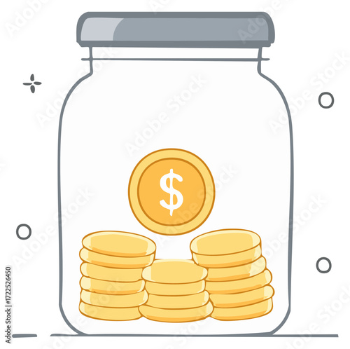 Cute jar filled with stacked coins and a single coin with dollar sign illustration