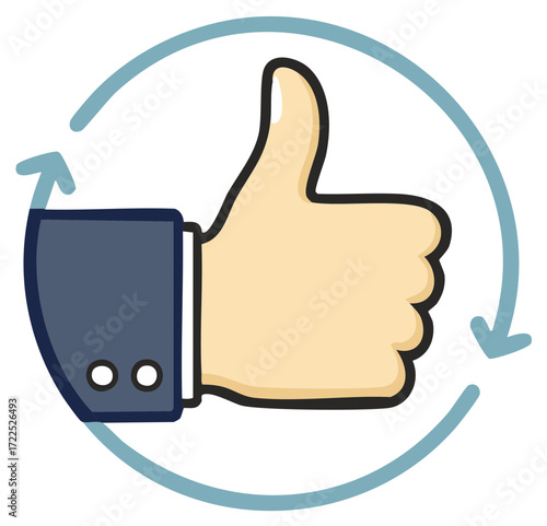 Thumbs up hand gesture with circular arrow and suit sleeve, approval concept
