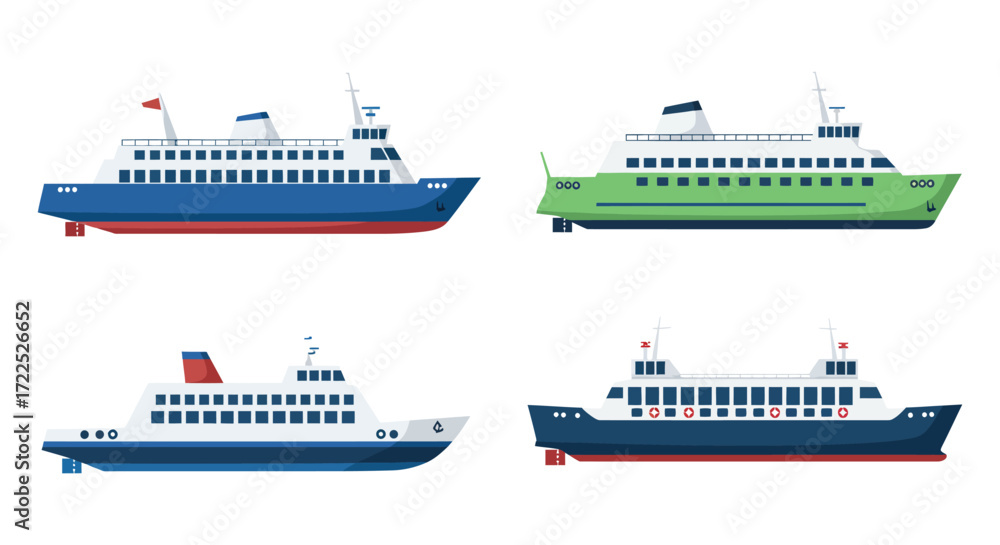Naklejka premium Colorful cartoon illustrations of various passenger ships and ferry boats
