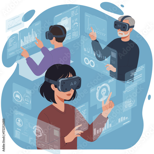 People collaborate using virtual reality and futuristic devices.