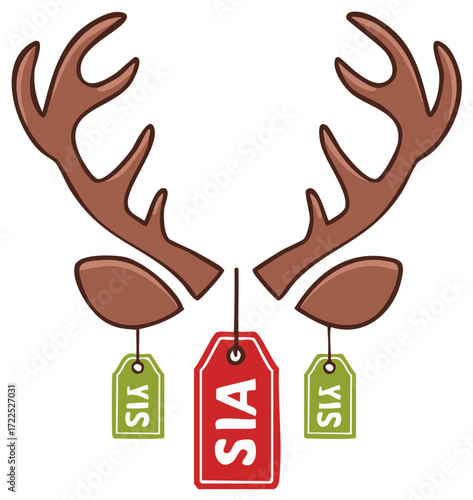 Cartoon reindeer antlers with hanging price tags, sale event promotion art