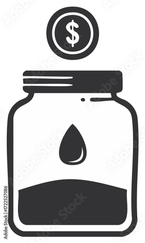 Funds in a jar coin saving for an emergency donation, money drop in a glass bottle