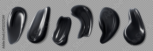 Black gel or lotion cream swatch realistic cosmetic. 3d vector glossy black charcoal face mask, paint or toothpaste smears. Isolated beauty product drops, smudges or strokes set with smooth texture