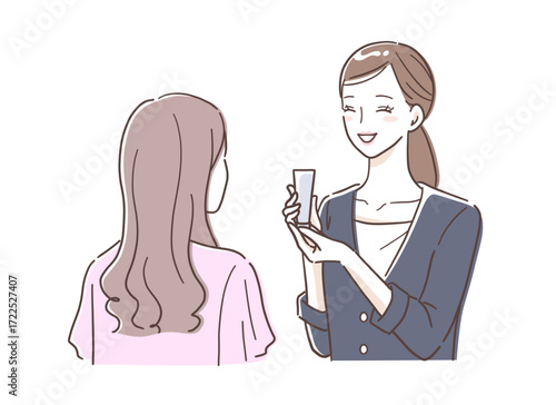 女性に化粧品をオススメする美容部員のイラスト素材