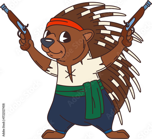 Porcupine pirate or corsair cartoon animal character of ship crew, vector personage. Caribbean pirate or porcupine corsair in seaman bandana with musket guns as sailor or marine robber character