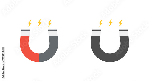 Two horseshoe magnets displaying opposing magnetic poles and attraction