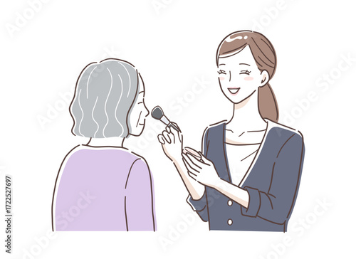 シニアの女性に化粧をする美容部員のイラスト素材