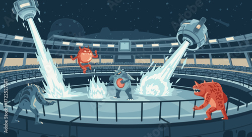 Monsters battling in an arena with energy beams.