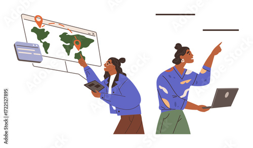 Two individuals analyzing a world map with location markers using a tablet and laptop. One points at a specific spot, emphasizing location research. Ideal for teamwork, technology, data, planning