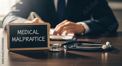 Lawyer reviews medical malpractice case details with stethoscope nearby
