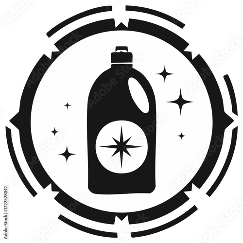 Cleaning product bottle with shine sparkles icon in decorative circular frame