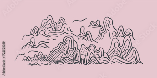 Chinese Landscape Vector Illustration, Cloud Pattern, Traditional Oriental Art