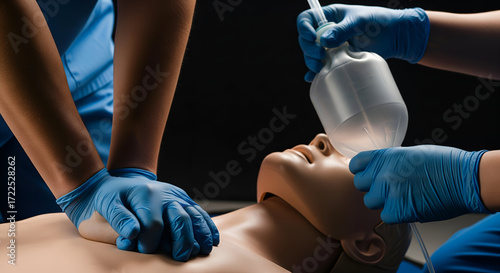 Medical professionals practice CPR and ventilation techniques on training dummy