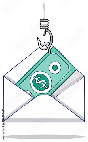 Money Lure in Envelope on Hook Cartoon Illustration Financial Baiting Scam