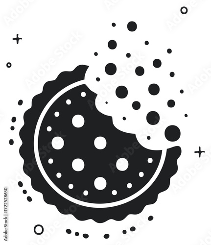 Black and white vector icon of a bitten cookie with crumbs. Simple graphic food illustration.