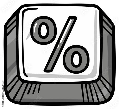 Hand drawn cartoon illustration of a computer keyboard key with a percentage symbol for sales and finance concepts