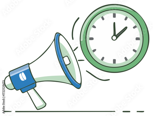 Cartoon Loudspeaker near Clock, Announcement of Deadline, Meeting, Event Promotion, Icon