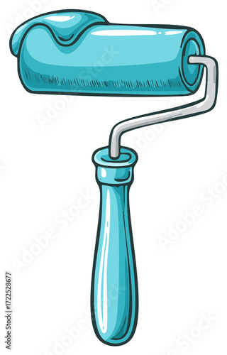 Illustrative Paint Roller Application with Blue Paint, Hand Tool for Coloring Walls and Surfaces