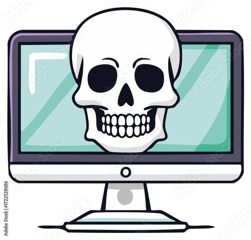 Cartoon skull head emerging from a computer monitor symbolizing online virus and cybersecurity threat
