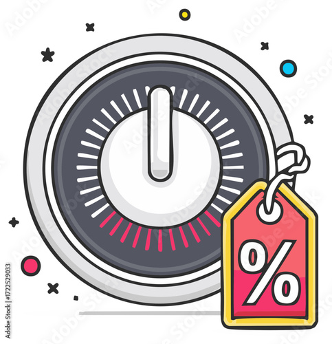 Power button icon with discount percentage tag for sale promotion illustration