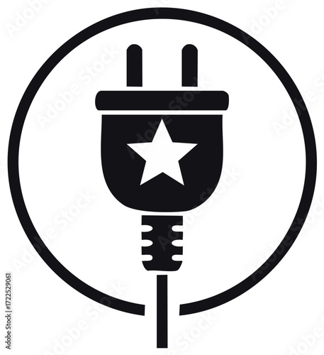 Black and White Plug Icon Inside Circle Shape with Star Design for Energy and Connection Concept